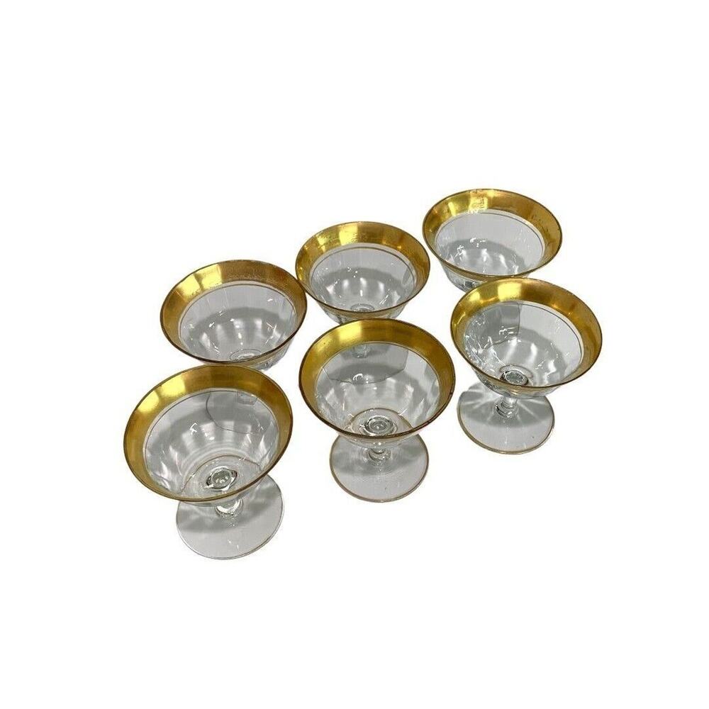 Vintage Gold Rim Floral Crystal Set of 6 Low Sherbet Glasses 3.75" h Stemmed - Picture 2 of 7